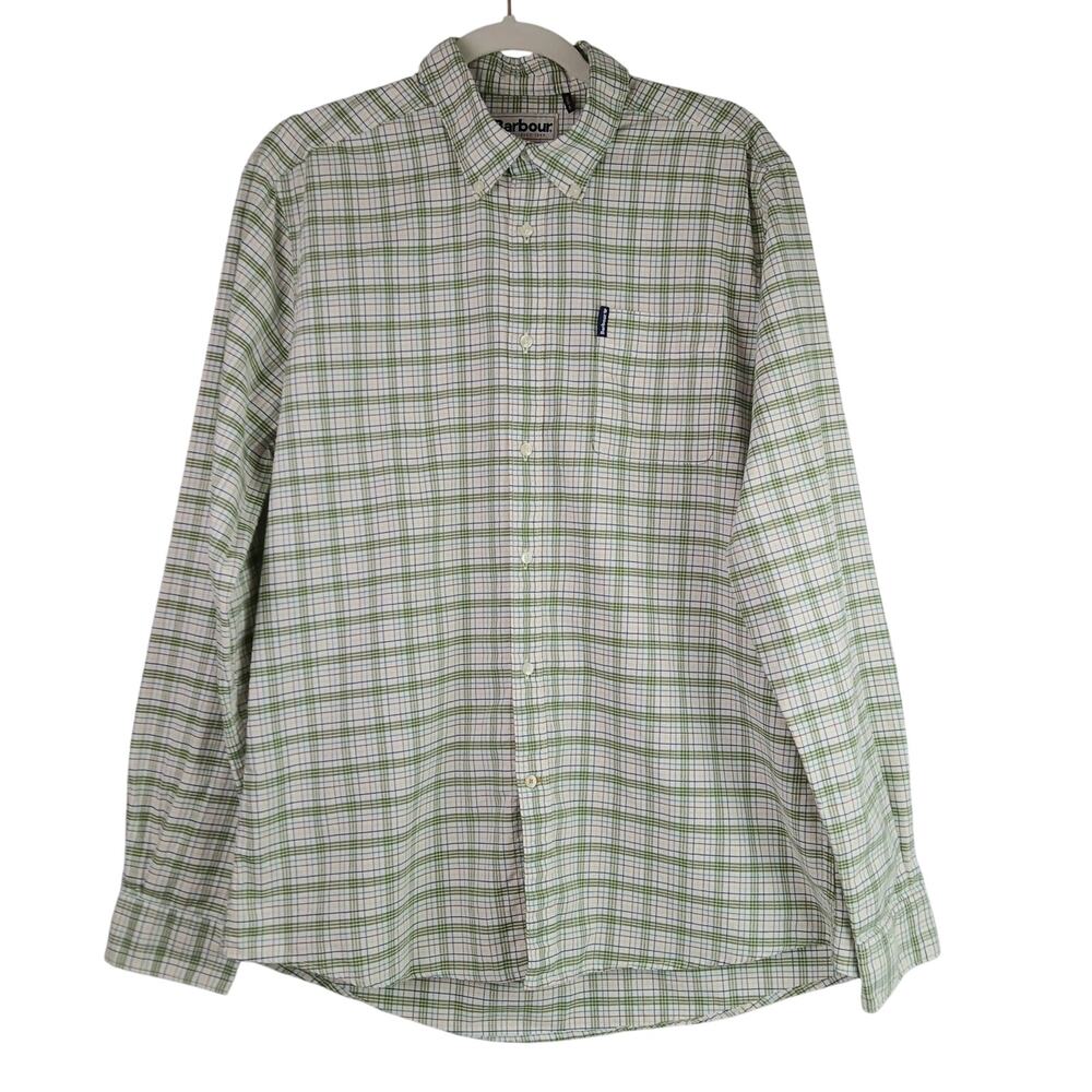 Barbour SZ M Tattersall 19 Tailored Fit White Green Check Button-Down Shirt